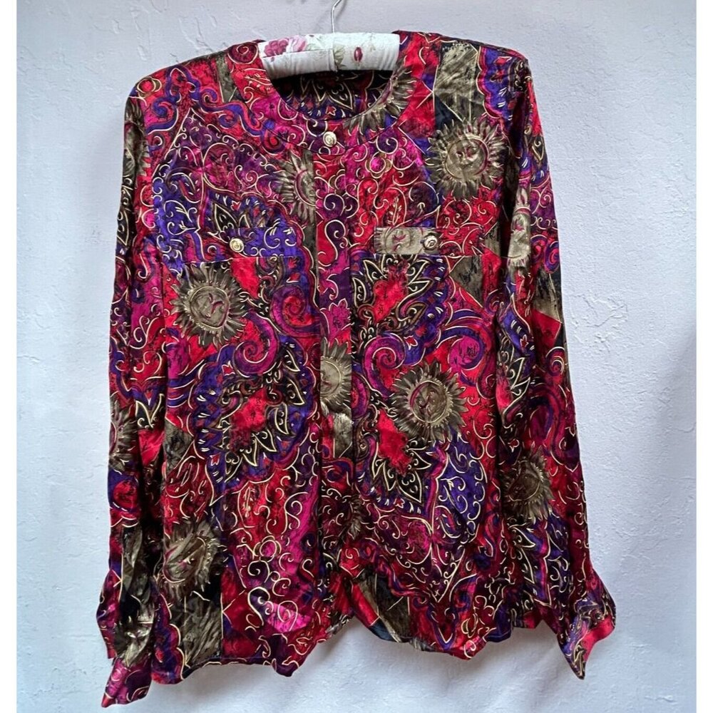 Vintage Jerri Sherman Collection Paisley Floral Multicolor Silk Shirt Blouse Top